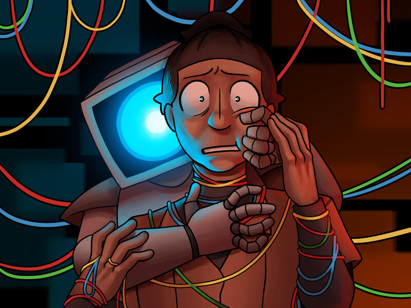 Soft-shaded bust, 2 chars, abstract BG; $50